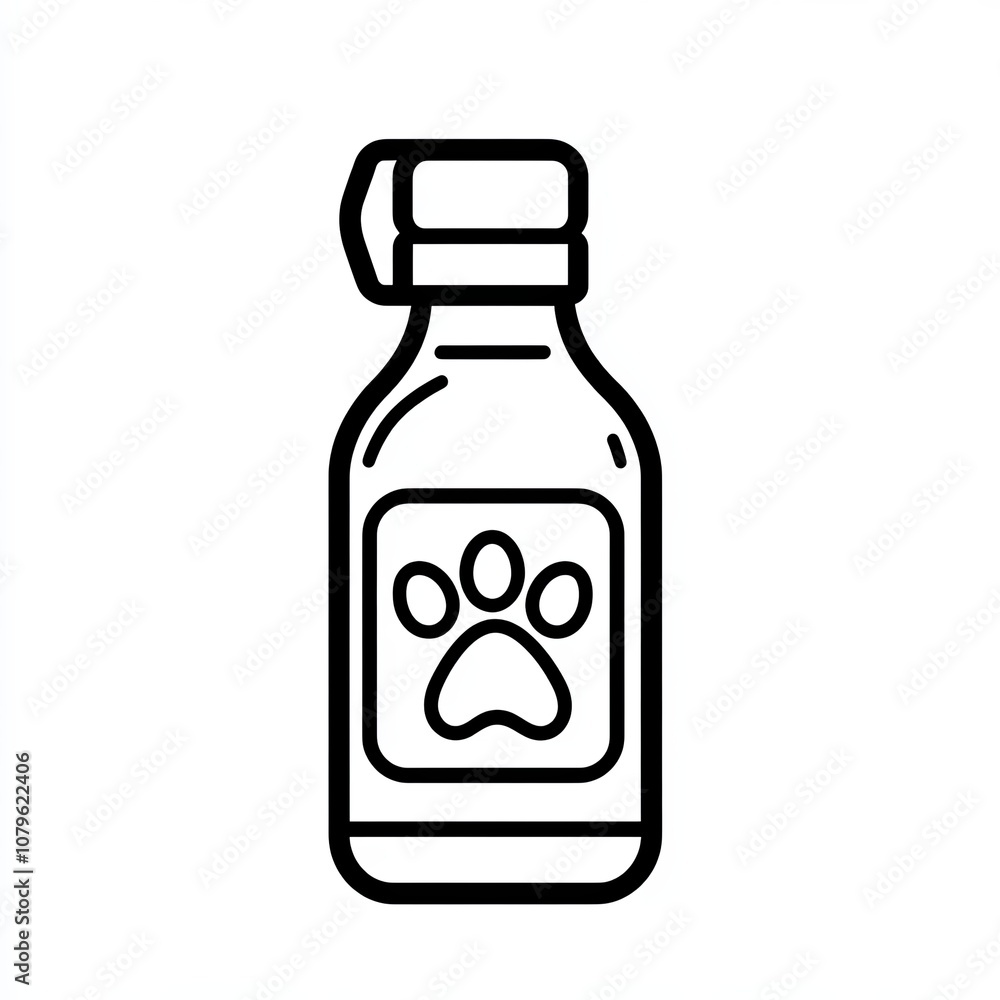 The design displays a pet water bottle with a paw print emblem, crafted as a minimalistic black and white icon against a bright white background The design displays a pet water bottle with a paw print emblem, crafted as a minimalistic black and white icon against a bright white background