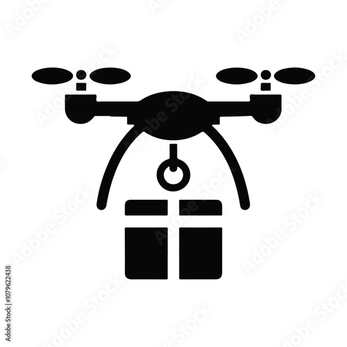 Black silhouette drone carrying a package vector icon design