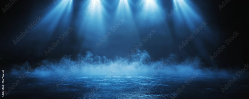 Three bright blue spotlights illuminate a dark, misty surface, creating a dramatic and mysterious atmosphere. Three bright blue spotlights illuminate a dark, misty surface, creating a dramatic and mysterious atmosphere.