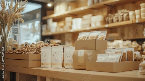 Biodegradable packaging and eco friendly products on display shelves in a sustainable grocery store promoting healthy and environmentally conscious food choices for consumers