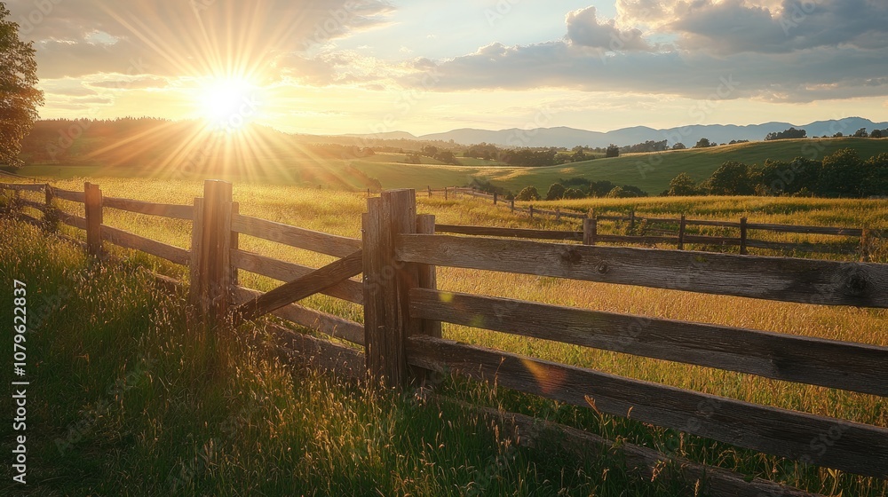 Fototapeta premium Scenic rural landscape featuring an old wooden fence illuminated by sunlight with a sunburst on the horizon