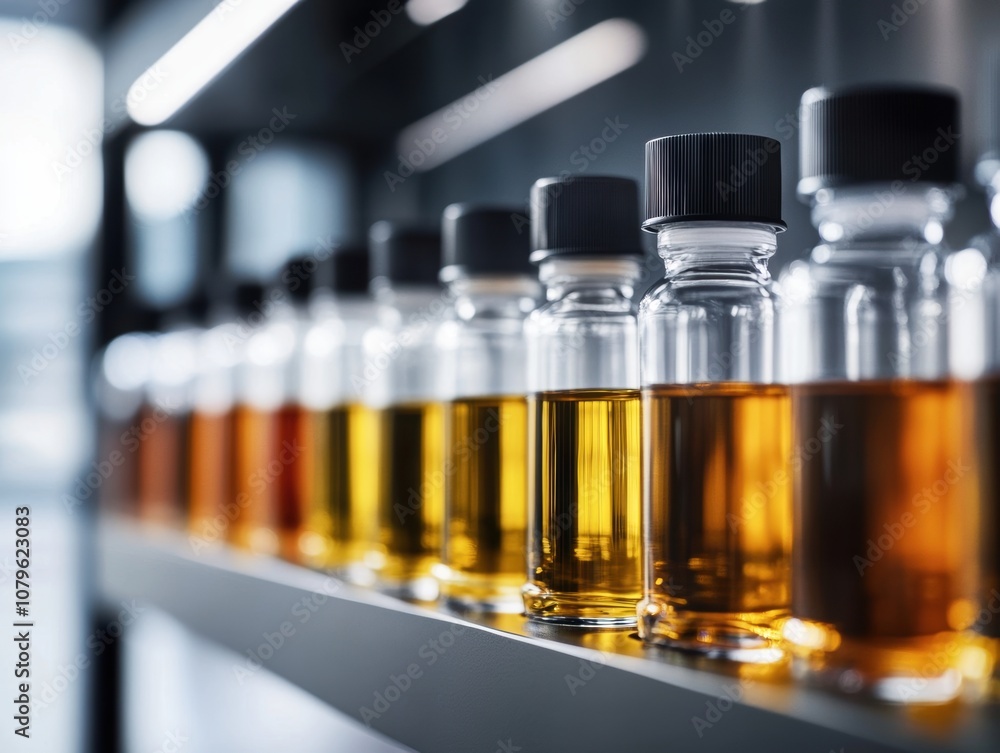 A row of small glass bottles filled with golden liquid, neatly arranged on a shelf in a laboratory or industrial setting. A row of small glass bottles filled with golden liquid, neatly arranged on a shelf in a laboratory or industrial setting.