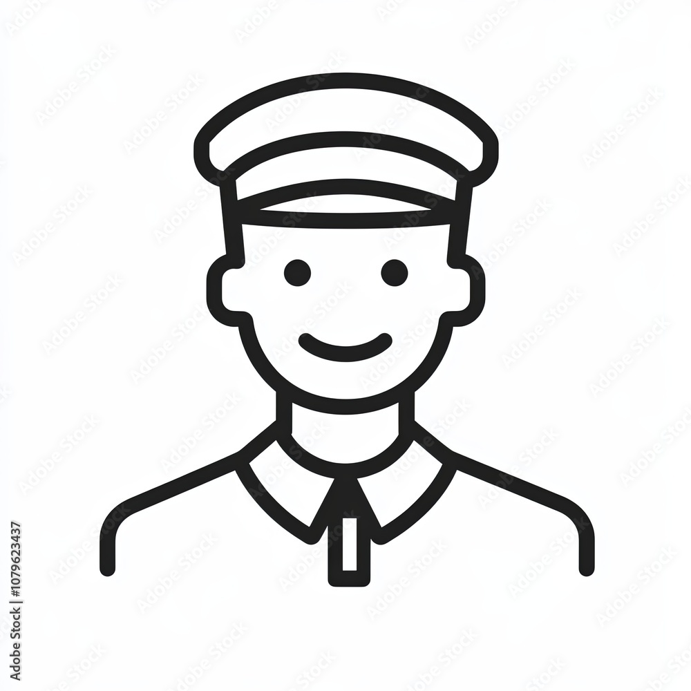 This illustration showcases a minimalistic line drawing of a porter wearing a cap, designed on a white background, perfect for user interfaces and icons