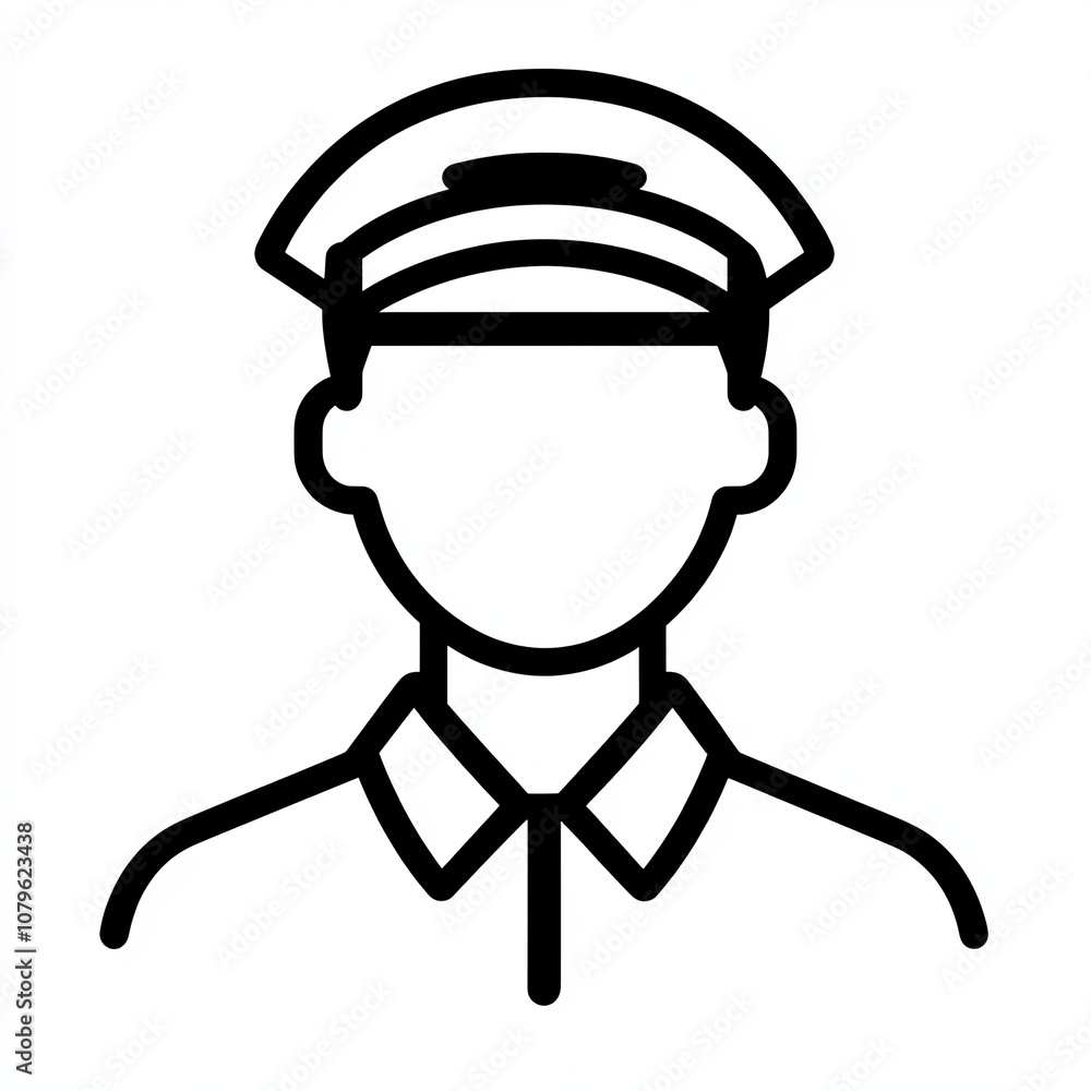 This design features a black and white line icon depicting a porter in a uniform with a cap, suitable for various service-related applications and concepts This design features a black and white line icon depicting a porter in a uniform with a cap, suitable for various service-related applications and concepts