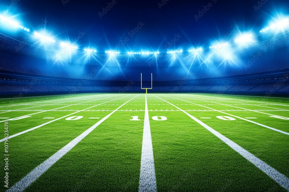 Naklejka premium A night football game in a stadium lit by spotlights.