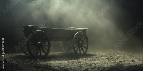 A dusty, abandoned wooden cart sits in a dimly lit space, evoking a sense of nostalgia.