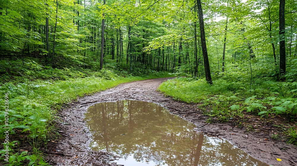 Tranquil Forest Path with Fresh Green Leaves and a Puddle Reflecting the Surroundings Tranquil Forest Path with Fresh Green Leaves and a Puddle Reflecting the Surroundings