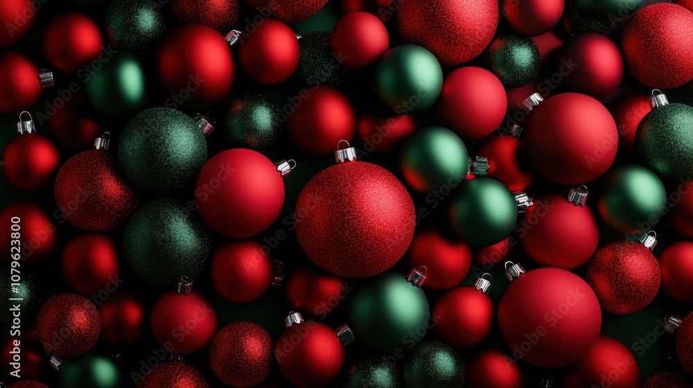 A collection of red and green Christmas ornaments in various sizes, creating a festive and vibrant display.