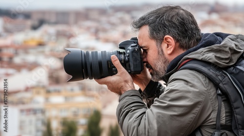 Spanish man photographing architectural landmarks in urban environment captured from elevated viewpoint for artistic expression