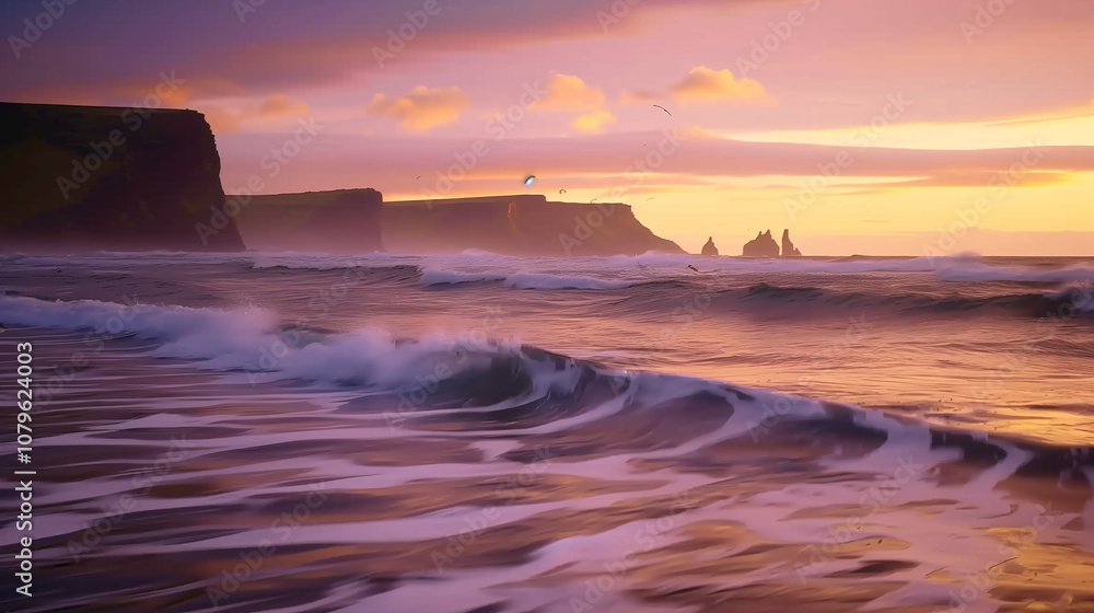 A peaceful coastal landscape at sunset, waves gently lapping against the shore A peaceful coastal landscape at sunset, waves gently lapping against the shore