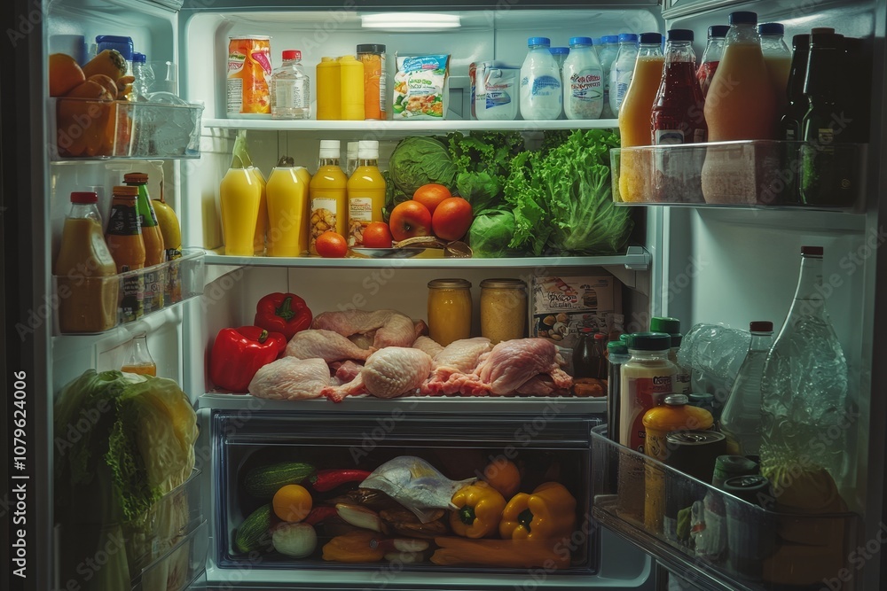 Open refrigerator with various food and drinks. Open refrigerator with various food and drinks.