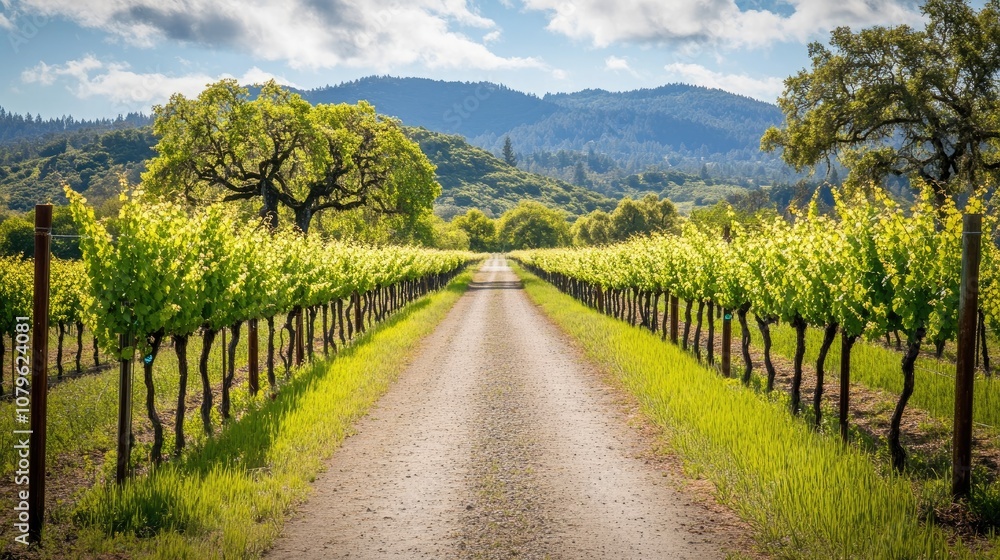Fototapeta premium An empty pathway runs through rows of vineyard vines and trees in a scenic rural landscape