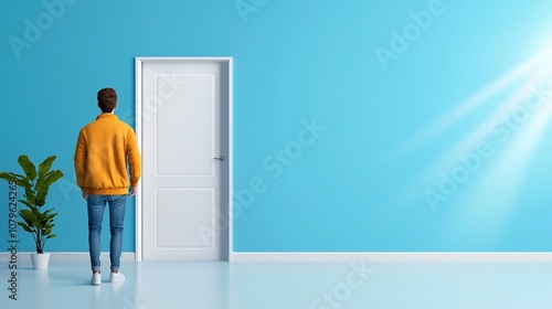 Flat of a person stepping through an open door into bright sunlight symbolizing new opportunities change and forward movement  Conceptual image for growth progress and transition towards the future