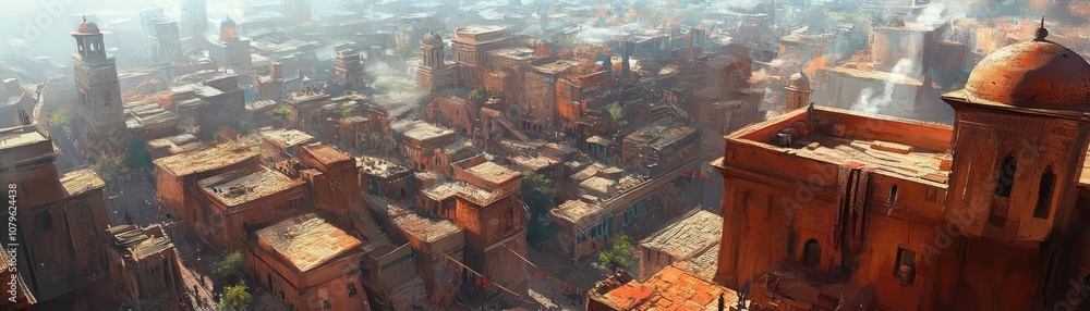 Fototapeta premium A rooftop view of an ancient city, with clay rooftops and narrow alleys