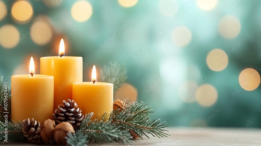 Glowing Advent Wreath with Four Lit Candles and Lush Pine Branches Symbolizing the Start of the Traditional Christmas Season in a Cozy Festive Setting Glowing Advent Wreath with Four Lit Candles and Lush Pine Branches Symbolizing the Start of the Traditional Christmas Season in a Cozy Festive Setting