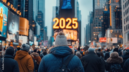 A Person Faces a Crowd in Times Square, New York City, with Large Glowing Numbers Displaying the Year 2025 Amidst a Vibrant Urban Atmosphere