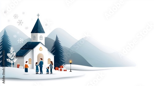 Flat of families attending a Christmas Eve church service in a snowy mountain landscape with a decorated chapel candles and winter elements in a festive color palette