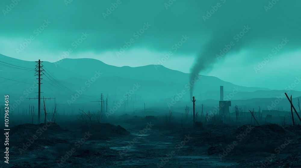 Fototapeta premium Haunting digital matte painting of a post apocalyptic wasteland featuring a desolate landscape with a gloomy foreboding atmosphere The image depicts a dystopian futuristic scene with abandoned ruins