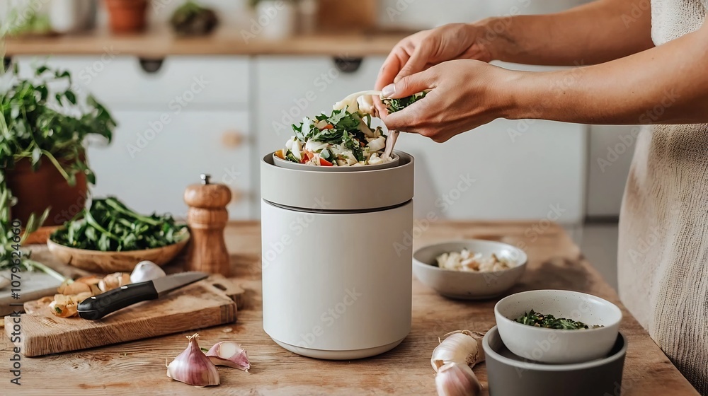 Close up view of hands placing food scraps and kitchen waste into a compostable container as part of an eco friendly and sustainable lifestyle Close up view of hands placing food scraps and kitchen waste into a compostable container as part of an eco friendly and sustainable lifestyle