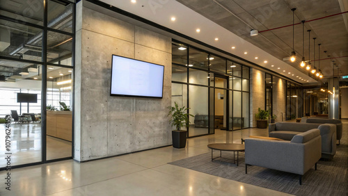 Office Lobby with Blank Digital Display Screen on a Concrete Wall, Stylish Seating, and Modern Decor Elements