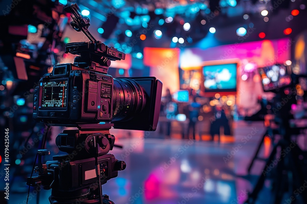 Close-up of a professional video camera on a tripod in a brightly lit studio, with a blurred background of a stage, colorful lights, and a screen. Close-up of a professional video camera on a tripod in a brightly lit studio, with a blurred background of a stage, colorful lights, and a screen.