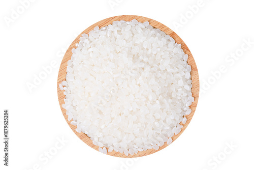 Raw rice japanese with wooden bowl white on background.
