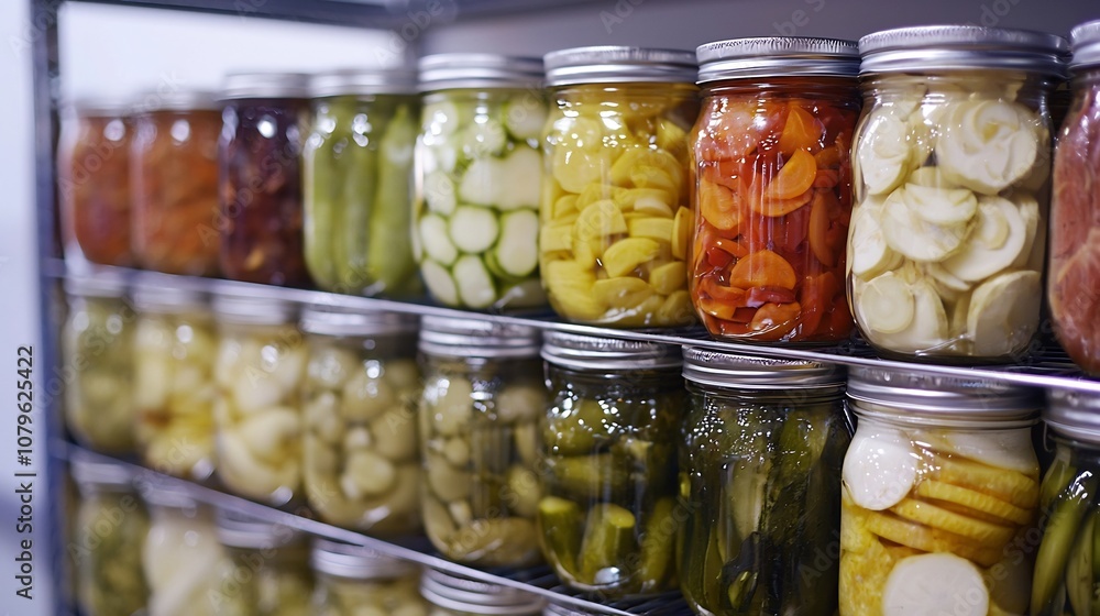 Colorful jars of preserved and fermented vegetables herbs and other produce on shelves in a zero waste sustainable kitchen Creative food storage and preservation practices using leftover ingredients Colorful jars of preserved and fermented vegetables herbs and other produce on shelves in a zero waste sustainable kitchen Creative food storage and preservation practices using leftover ingredients