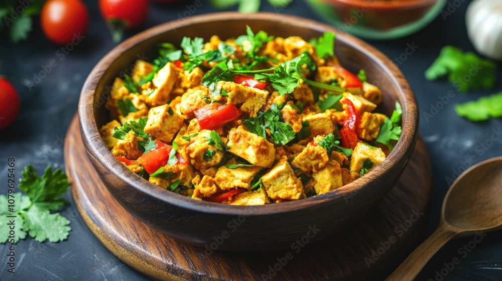 Tofu scramble dish Gourmet soy fried snack meal Tofu scramble dish Gourmet soy fried snack meal