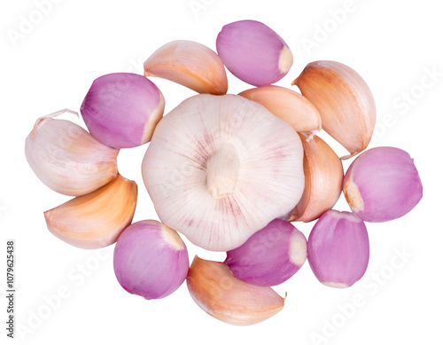 Top view Onions and gralic with slice on white background. photo