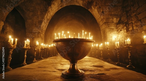 The Holy Grail is a legendary chalice associated with Jesus Christ at the Last Supper believed to possess mystical powers in Arthurian lore photo