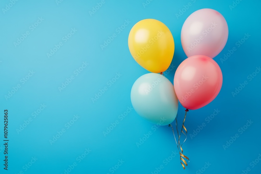 Colorful balloons with golden ribbons on a blue background. Colorful balloons with golden ribbons on a blue background.