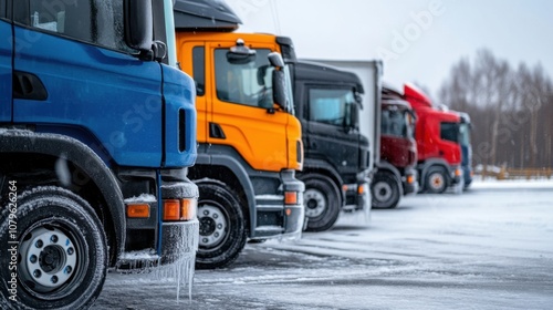 Row of Colorful Trucks Parked on Icy Surface in Winter Landscape Capturing the Essence of Transportation and Logistics Amidst Cold Weather Conditions