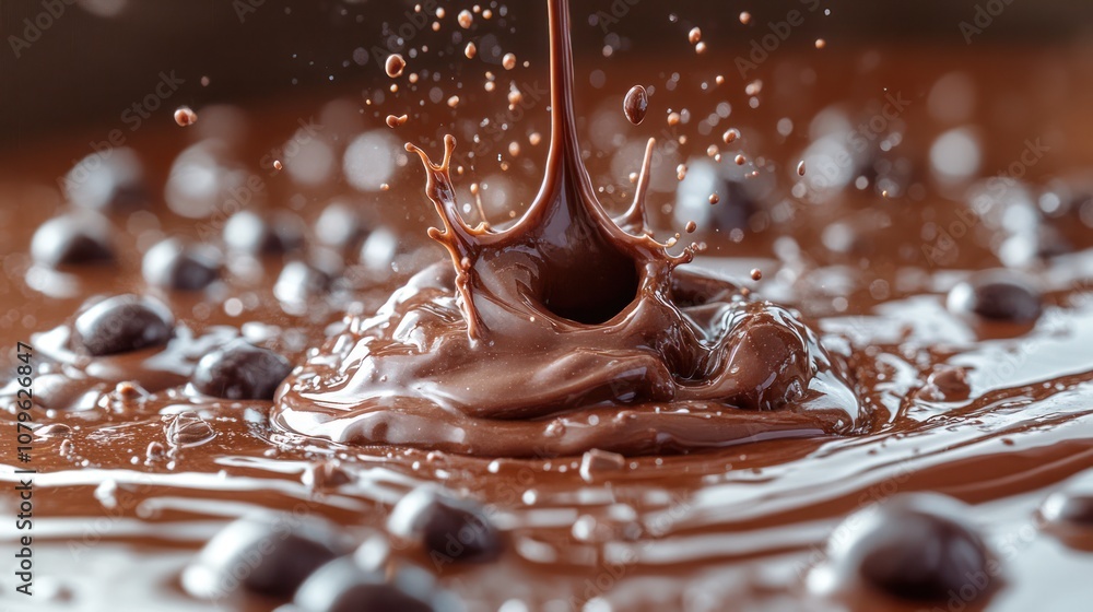 A close-up of a splash of melted chocolate with scattered chocolate chips. A close-up of a splash of melted chocolate with scattered chocolate chips.