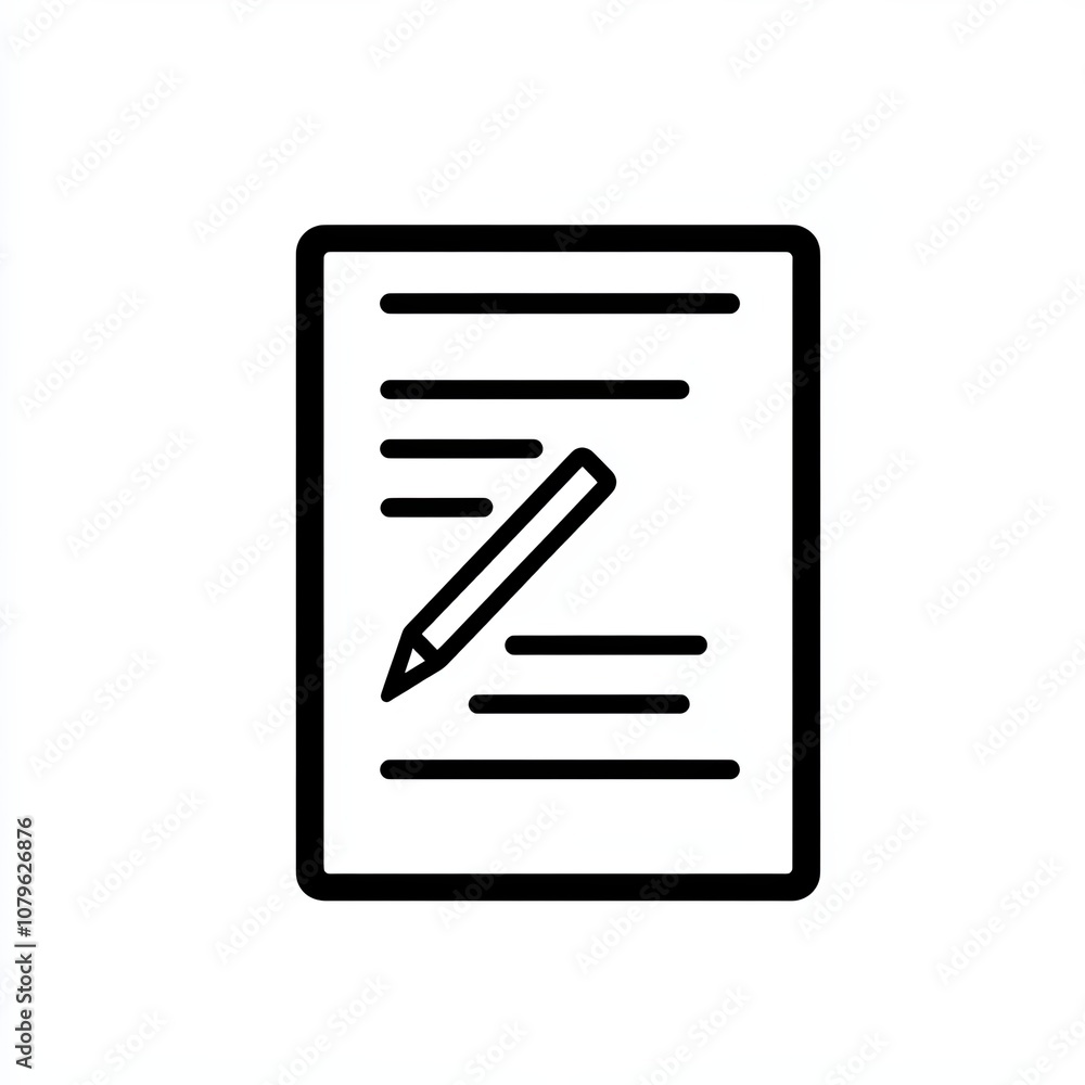 This black and white icon features a lined paper with a pencil, representing a simple writing interface. The minimalist design is perfect for digital applications This black and white icon features a lined paper with a pencil, representing a simple writing interface. The minimalist design is perfect for digital applications