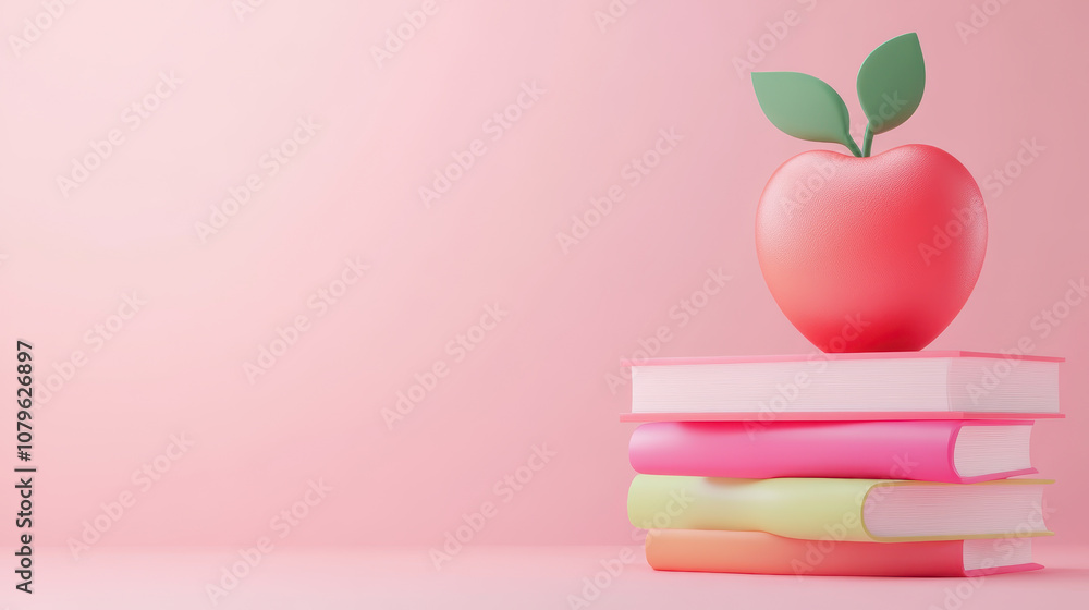 Vibrant stack of colorful books with a shiny apple on top, showcasing a playful and creative educational theme suitable for various learning materials and promotions Vibrant stack of colorful books with a shiny apple on top, showcasing a playful and creative educational theme suitable for various learning materials and promotions