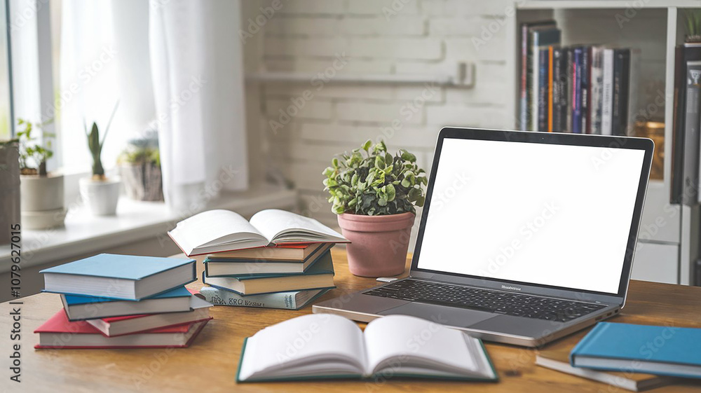 Fototapeta premium Various type of books near the laptop with blank white screen on wooden desk high quality photo