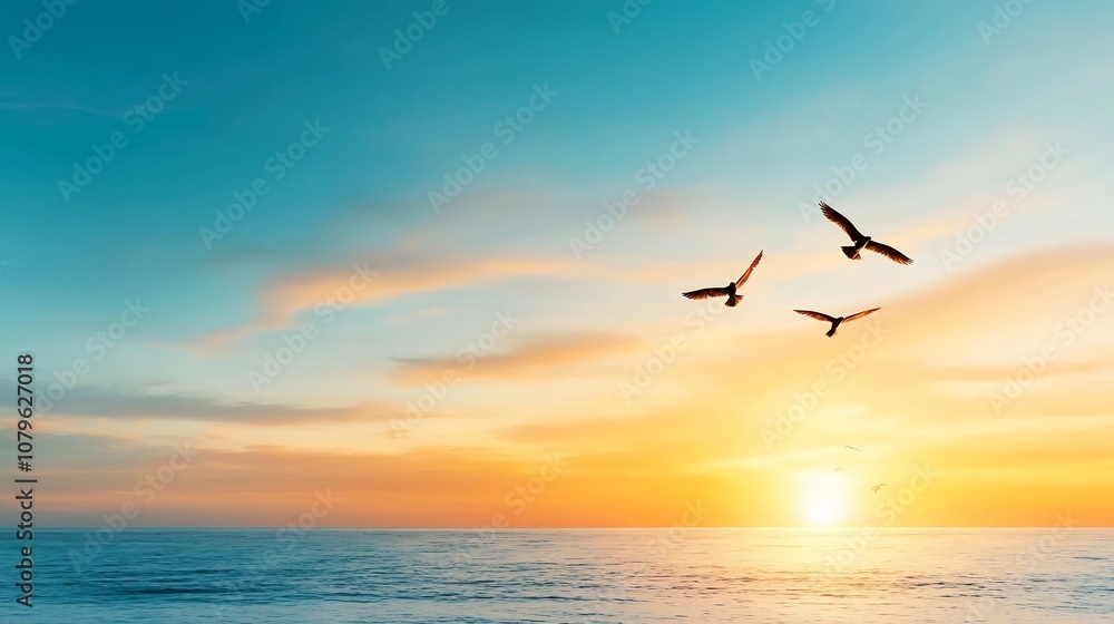 Serene sunrise over the ocean horizon with birds silhouetted against the vibrant sky symbolizing freedom new journeys and hope for the future Serene sunrise over the ocean horizon with birds silhouetted against the vibrant sky symbolizing freedom new journeys and hope for the future