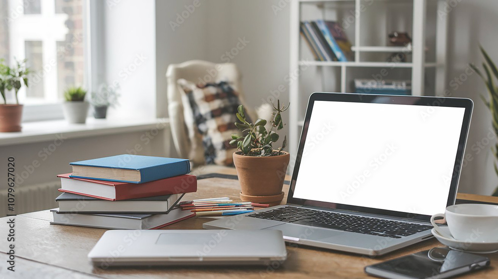 Fototapeta premium Various type of books near the laptop with blank white screen on wooden desk high quality photo