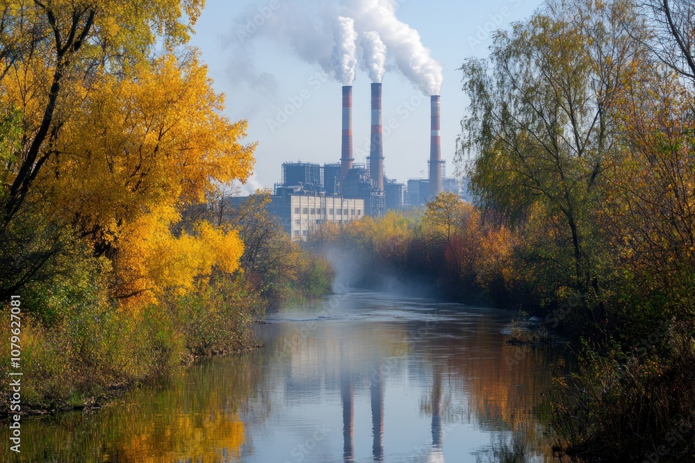 A scenic view of a river reflecting autumn foliage and industrial smokestacks in the background. A scenic view of a river reflecting autumn foliage and industrial smokestacks in the background.