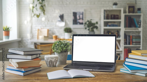 Wallpaper Mural Various type of books near the laptop with blank white screen on wooden desk high quality photo Torontodigital.ca