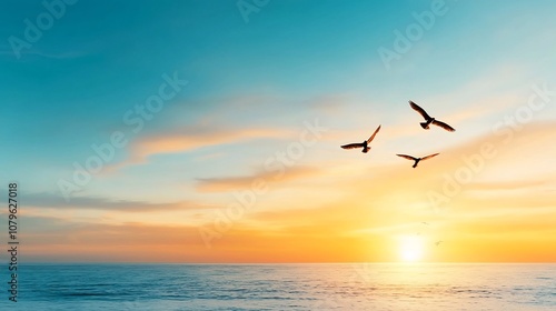 Serene sunrise over the ocean horizon with birds silhouetted against the vibrant sky symbolizing freedom new journeys and hope for the future