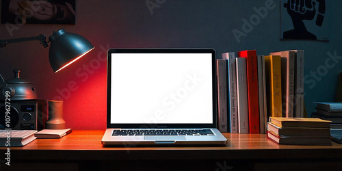 Wallpaper Mural Various type of books near the laptop with blank white screen on wooden desk high quality photo Torontodigital.ca