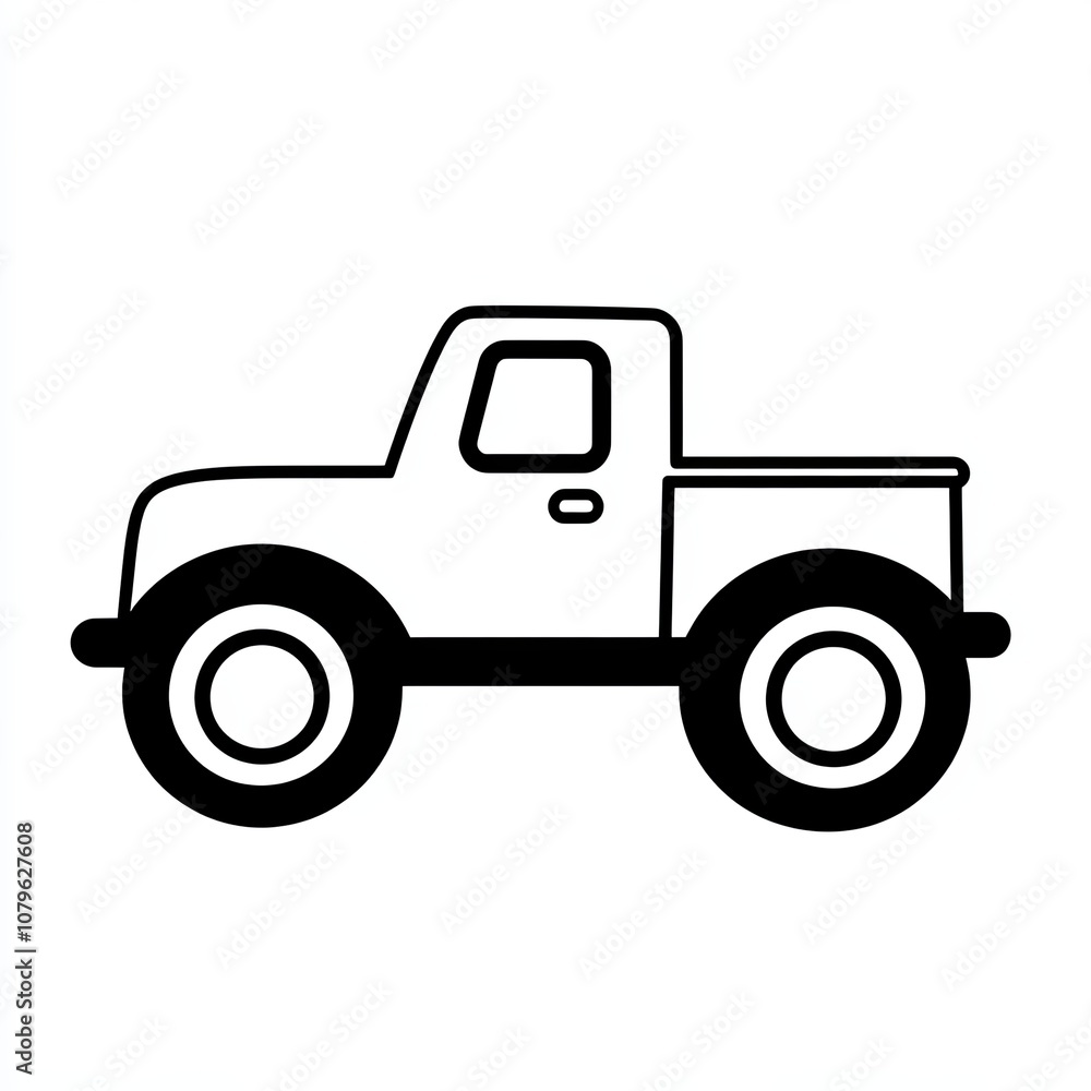 This icon features a minimalist design of a toy truck, in black and white. It is perfect for children’s illustrations or playful graphic projects