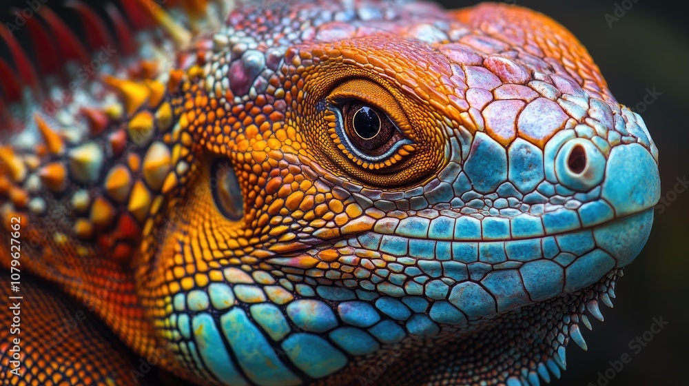 Close up macro photograph of a vibrant iguana or lizard showcasing intricate details and textures Close up macro photograph of a vibrant iguana or lizard showcasing intricate details and textures