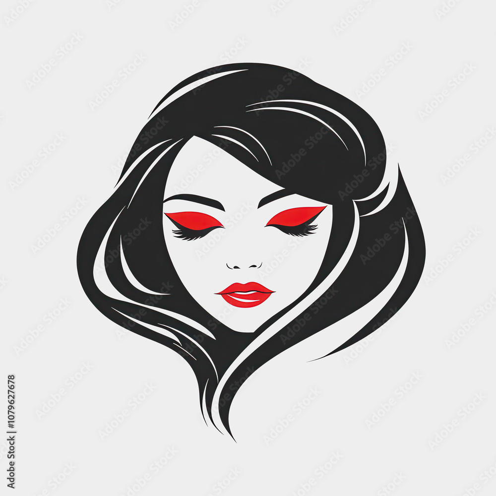 Elegant Illustration of a Woman with Long Black Hair and Dramatic Red Eye Makeup on a Minimalistic Background, Perfect for Beauty and Fashion Themes Elegant Illustration of a Woman with Long Black Hair and Dramatic Red Eye Makeup on a Minimalistic Background, Perfect for Beauty and Fashion Themes