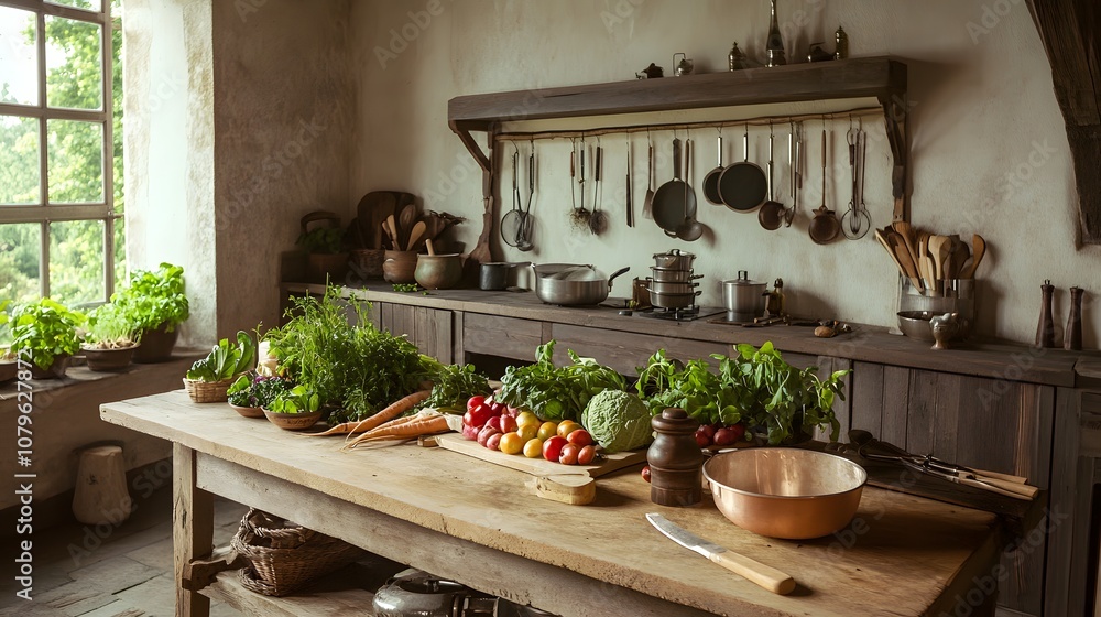 A rustic kitchen with a wooden table full of seasonal vegetables, herbs, and cooking tools, ready for preparing a farm-to-table meal. A rustic kitchen with a wooden table full of seasonal vegetables, herbs, and cooking tools, ready for preparing a farm-to-table meal.