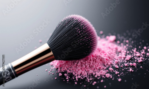 close up of makeup brush resting on pile of pink powder, showcasing its soft bristles and vibrant color. Perfect for beauty and cosmetic themes photo