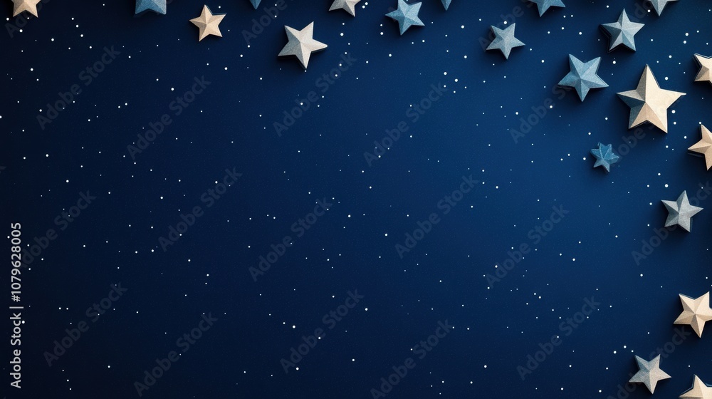 A serene night sky scene with paper-like stars in shades of blue and white scattered on a deep navy background, with a light sprinkling of smaller stars, with copy space A serene night sky scene with paper-like stars in shades of blue and white scattered on a deep navy background, with a light sprinkling of smaller stars, with copy space