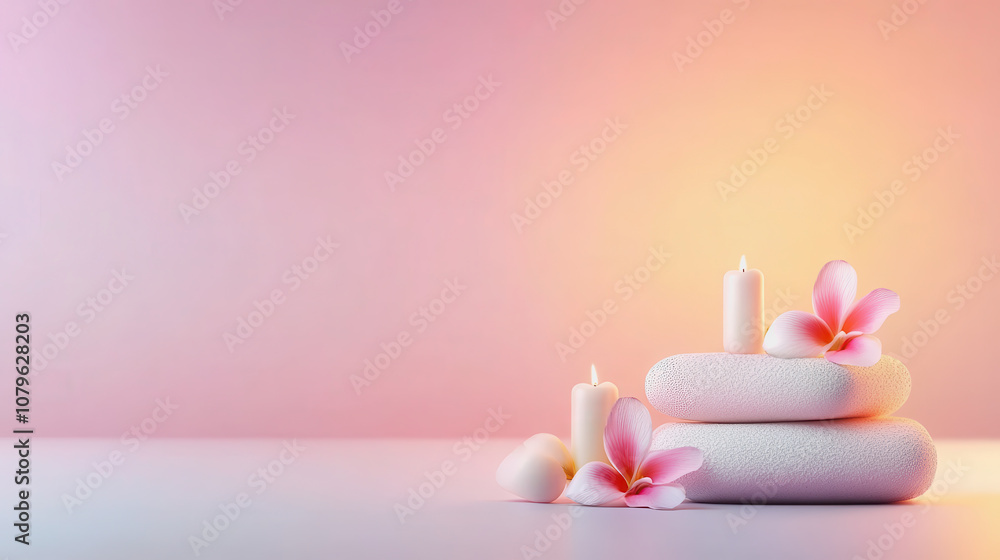 Serene Spa Composition Featuring Soft Pastel Candles and Delicate Pink Flowers on Textured Stones for Relaxation and Calm Atmosphere in Wellness Environment Serene Spa Composition Featuring Soft Pastel Candles and Delicate Pink Flowers on Textured Stones for Relaxation and Calm Atmosphere in Wellness Environment