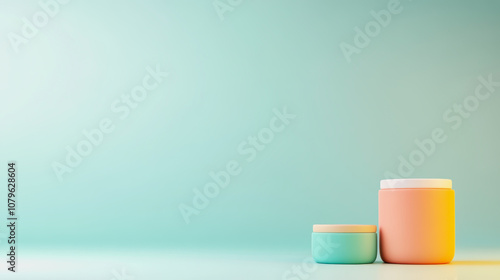 Colorful cosmetic jars on a serene mint green background, perfect for beauty and skincare products showcasing elegance and simplicity in design and aesthetics. photo